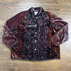Coldwater Creek Jacket Women 2X Plus Red Black Plush Velvet Quilted Button Front